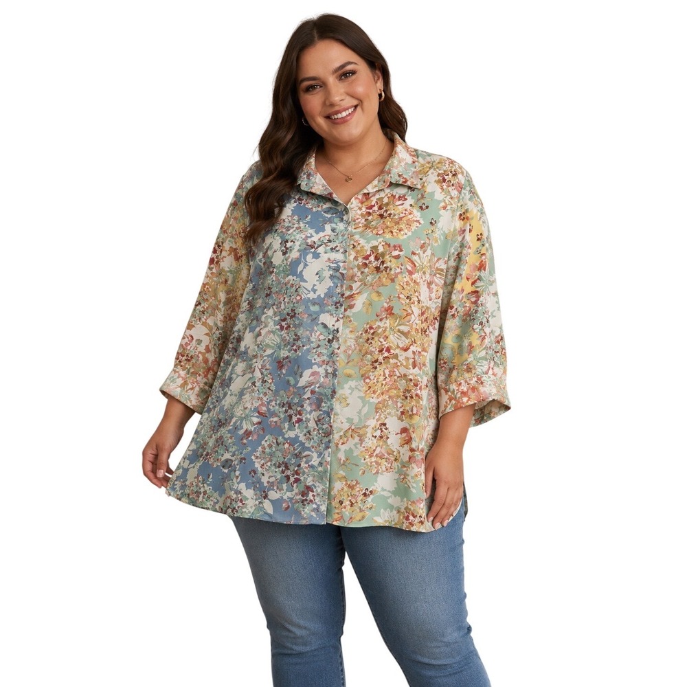 Mixed Floral Print Button Up Blouse 3/4 Sleeve Multi Color Patchwork Top